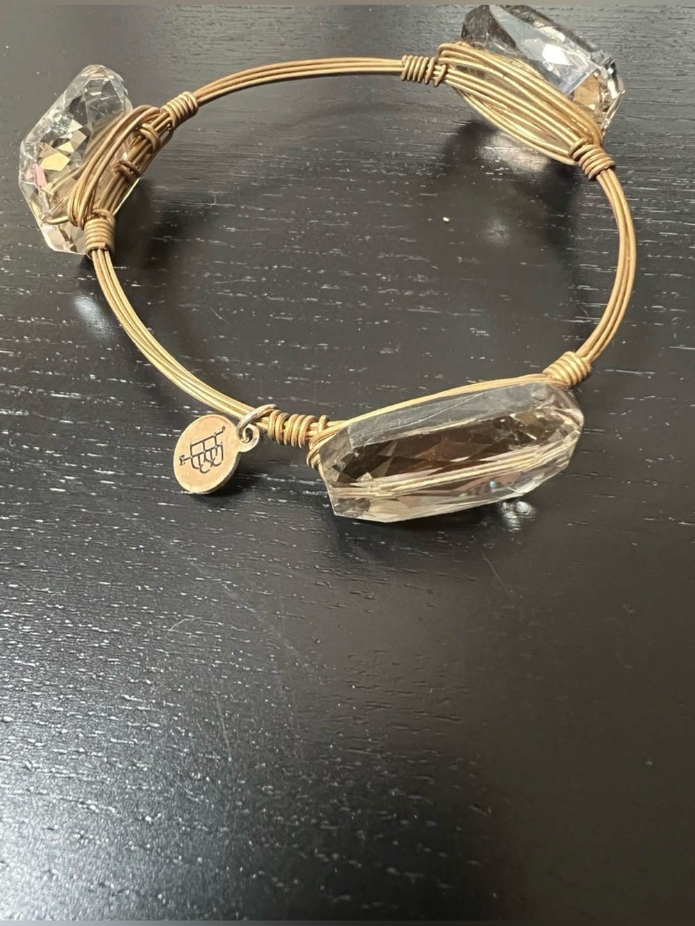 Bourbon and Bowties Gold-Tone Wire Bangle with Clear Crystal Accents